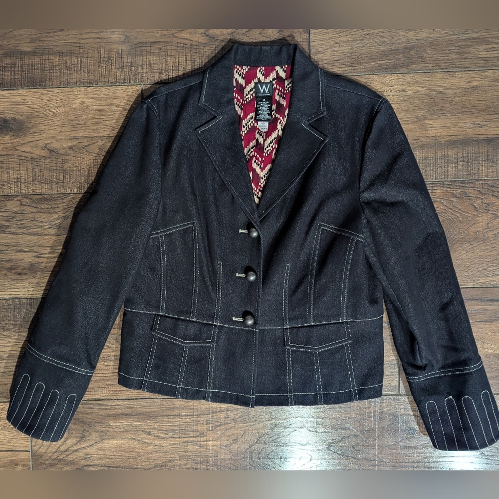 Work To Weekend Black Denim Jacket Accent Buttons & Embroidery Stretch Size 14